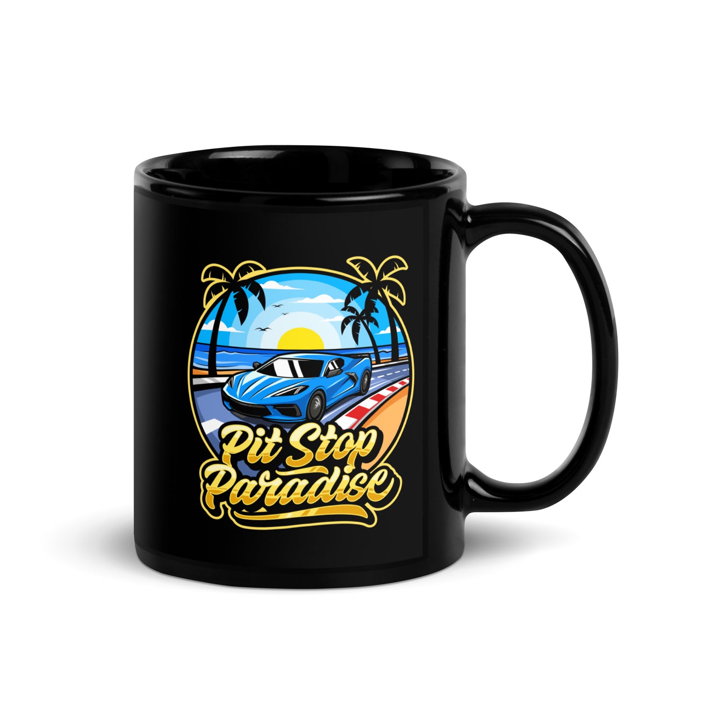 Pit Stop Paradise Black Glossy Mug