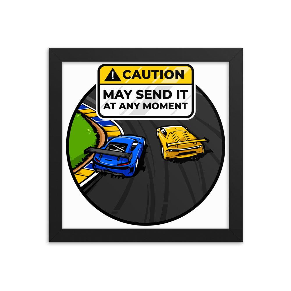 Caution May Send It at Any Moment Framed Poster