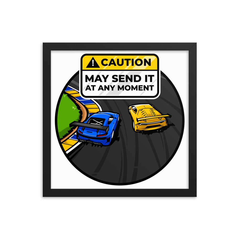 Caution May Send It at Any Moment Framed Poster