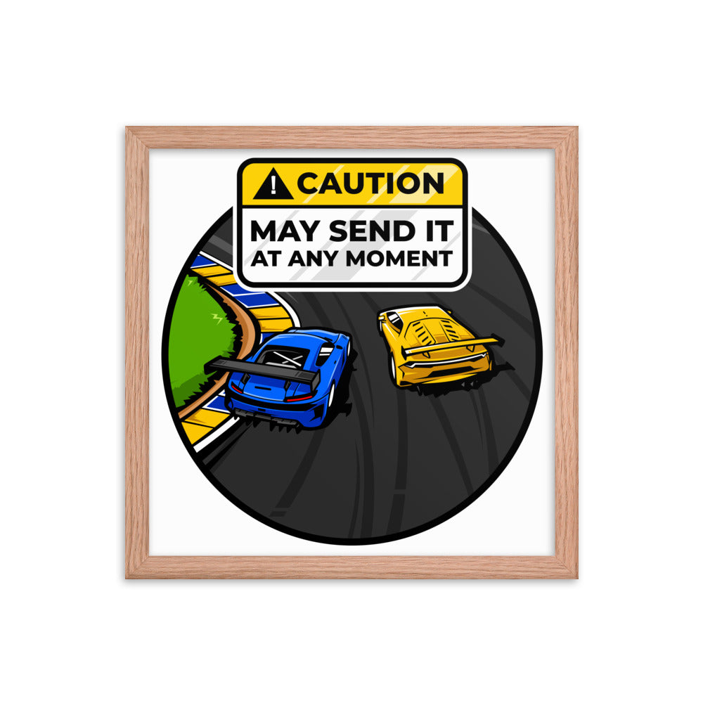 Caution May Send It at Any Moment Framed Poster