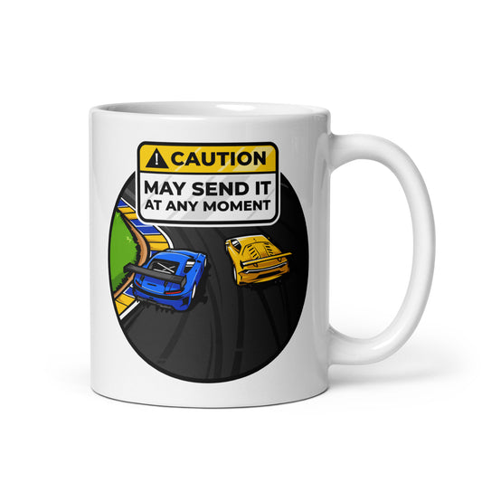 Caution May Send It at Any Moment White Glossy Mug